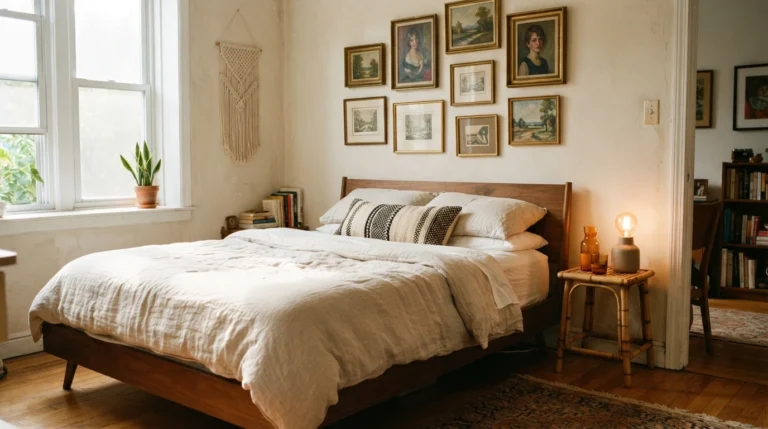 eclectic bedroom ideas for small spaces in a compact apartment with warm layered decor and vintage accents