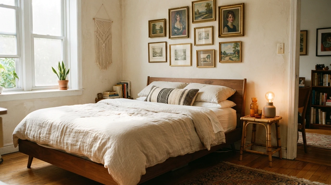 eclectic bedroom ideas for small spaces in a compact apartment with warm layered decor and vintage accents
