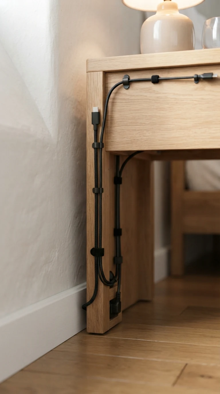 black charging cables neatly secured out of sight behind wooden nightstand leg
