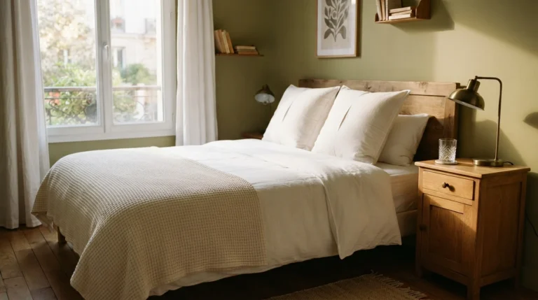 how to make a small bedroom feel like a hotel with tucked sheets and warm ambient lighting