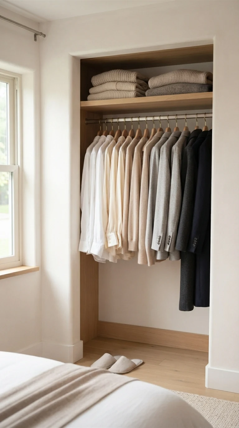 open bedroom closet with all hangers facing inward and spaced evenly by color