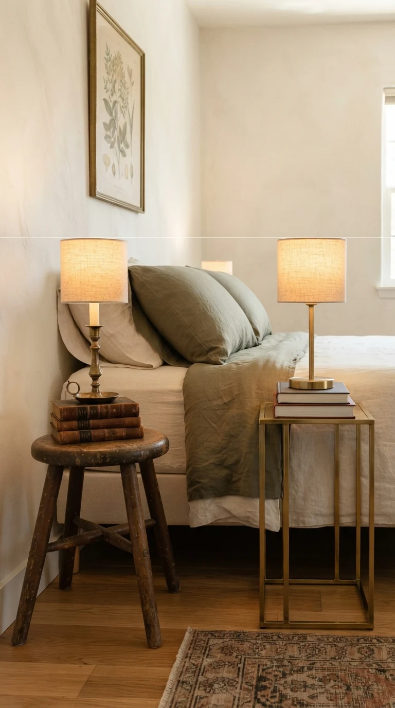 mismatched vintage wooden stool and metal side table with bedside lamps aligned at equal height
