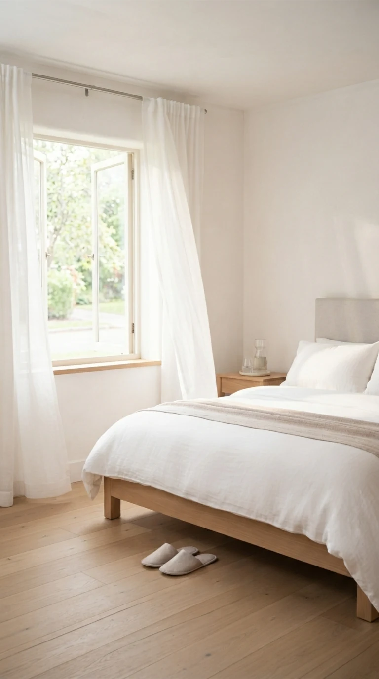 sunlit airy bedroom with open window and sheer curtains fluttering in morning air