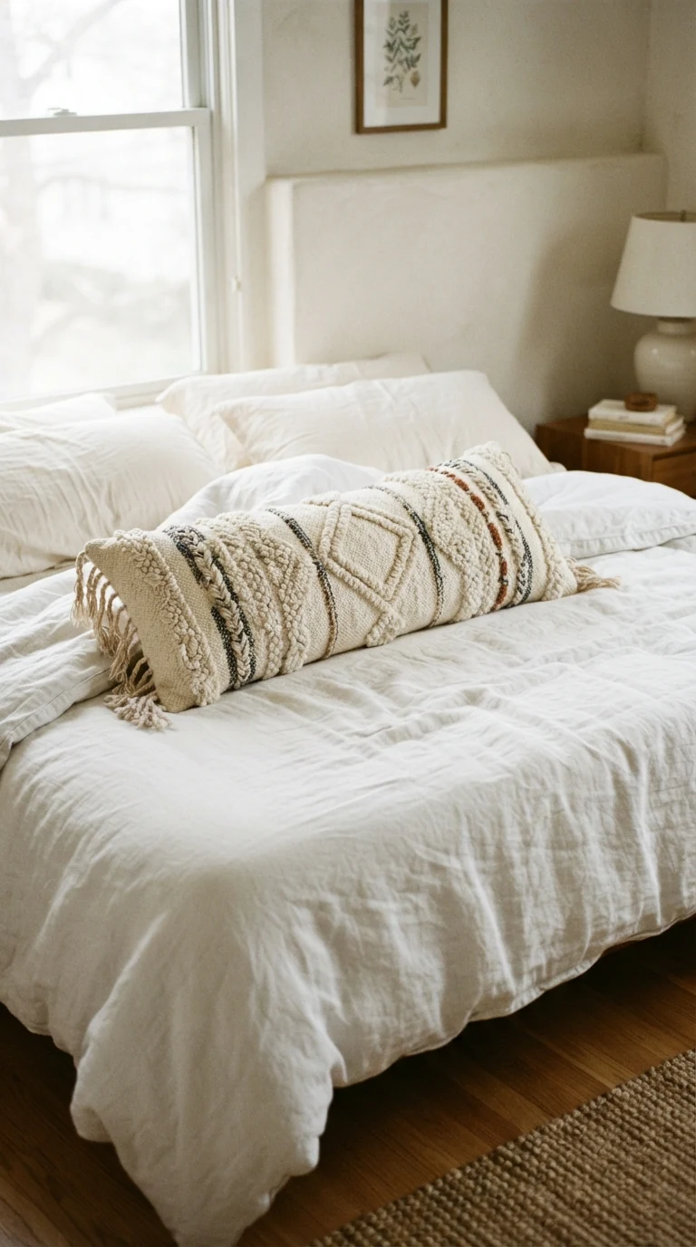 single oversized textured moroccan wool lumbar pillow centered on full bed