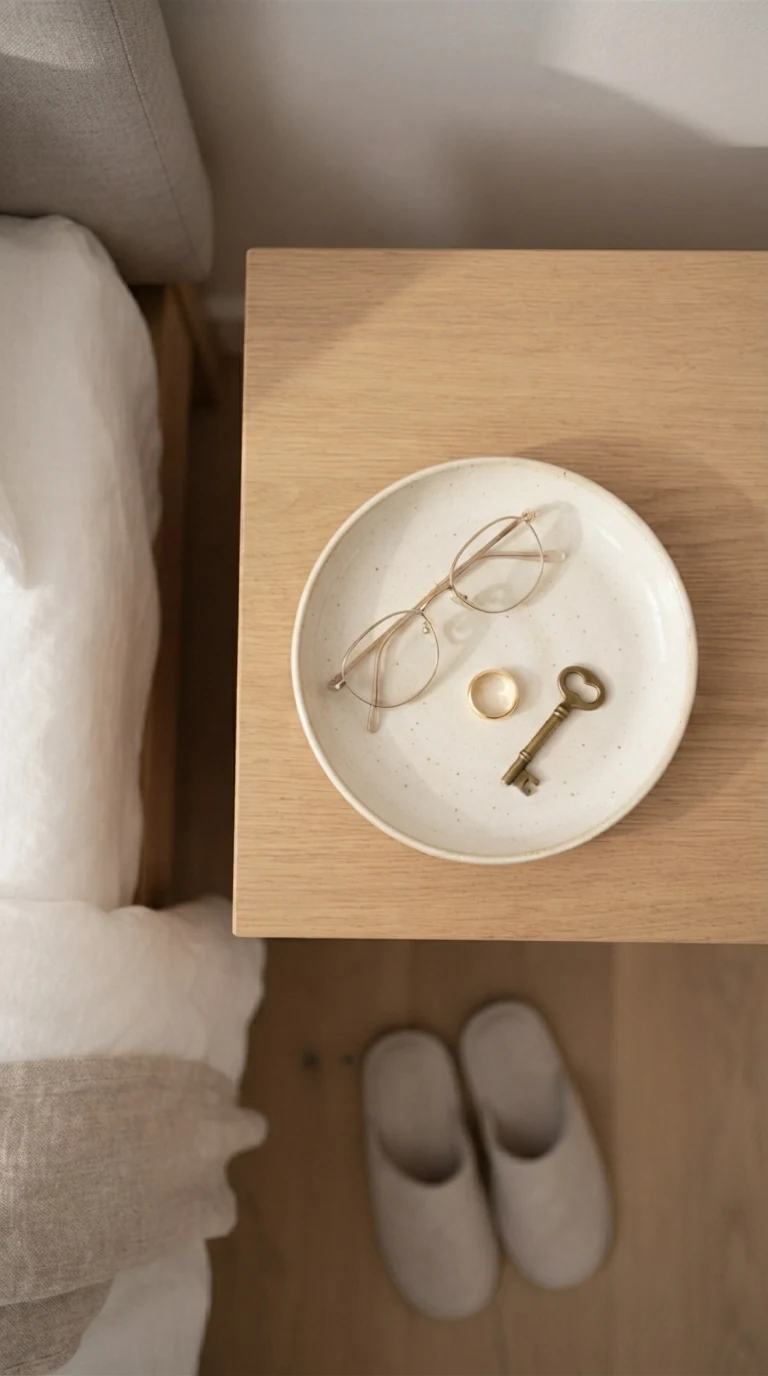 small ceramic dessert dish repurposed on nightstand holding glasses and ring