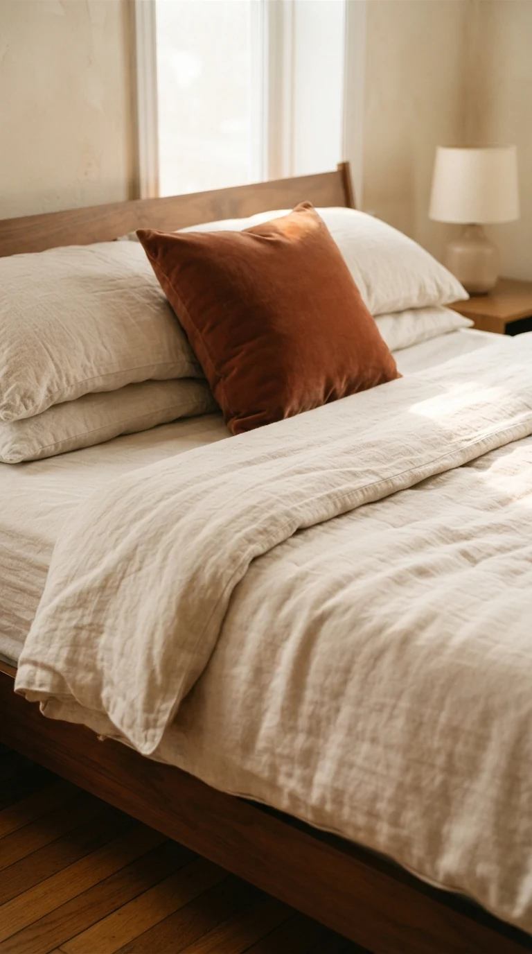 solid oatmeal washed linen duvet cover and pillowcases with earthy velvet accent pillow