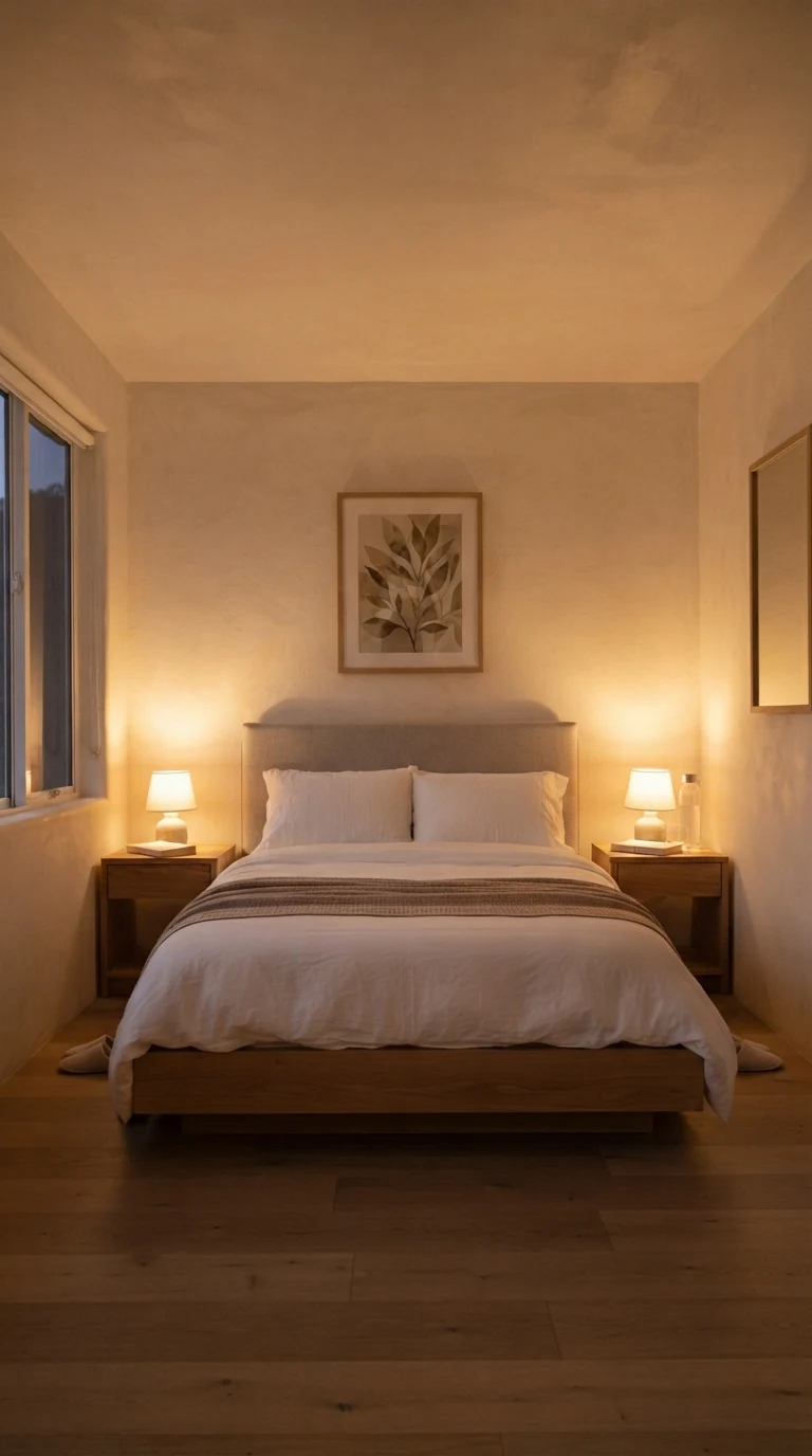balanced small bedroom layout with matching bedside lighting flanking low bed