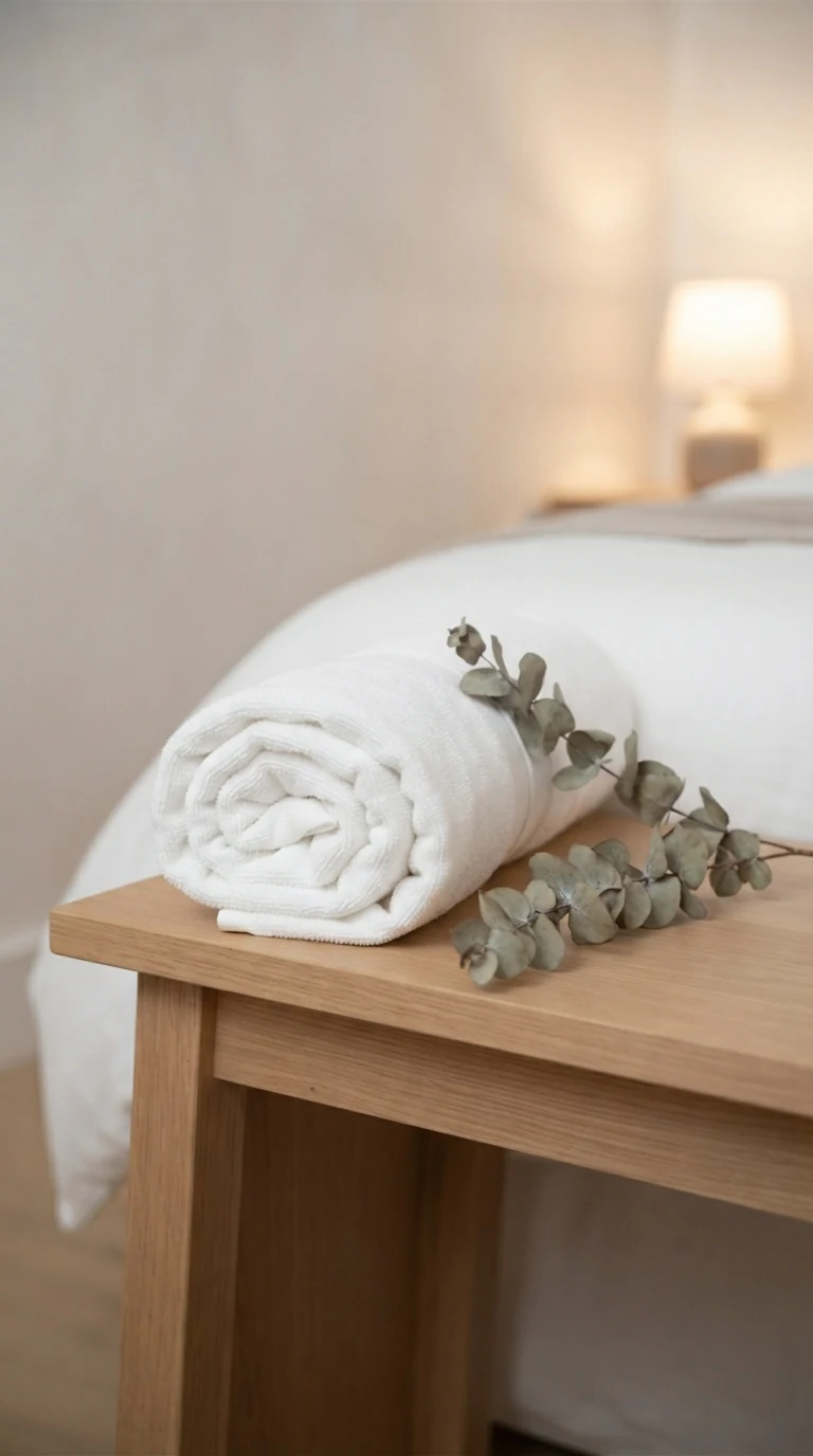 crisp white bath towel rolled neatly into cylinder on wooden bench beside eucalyptus