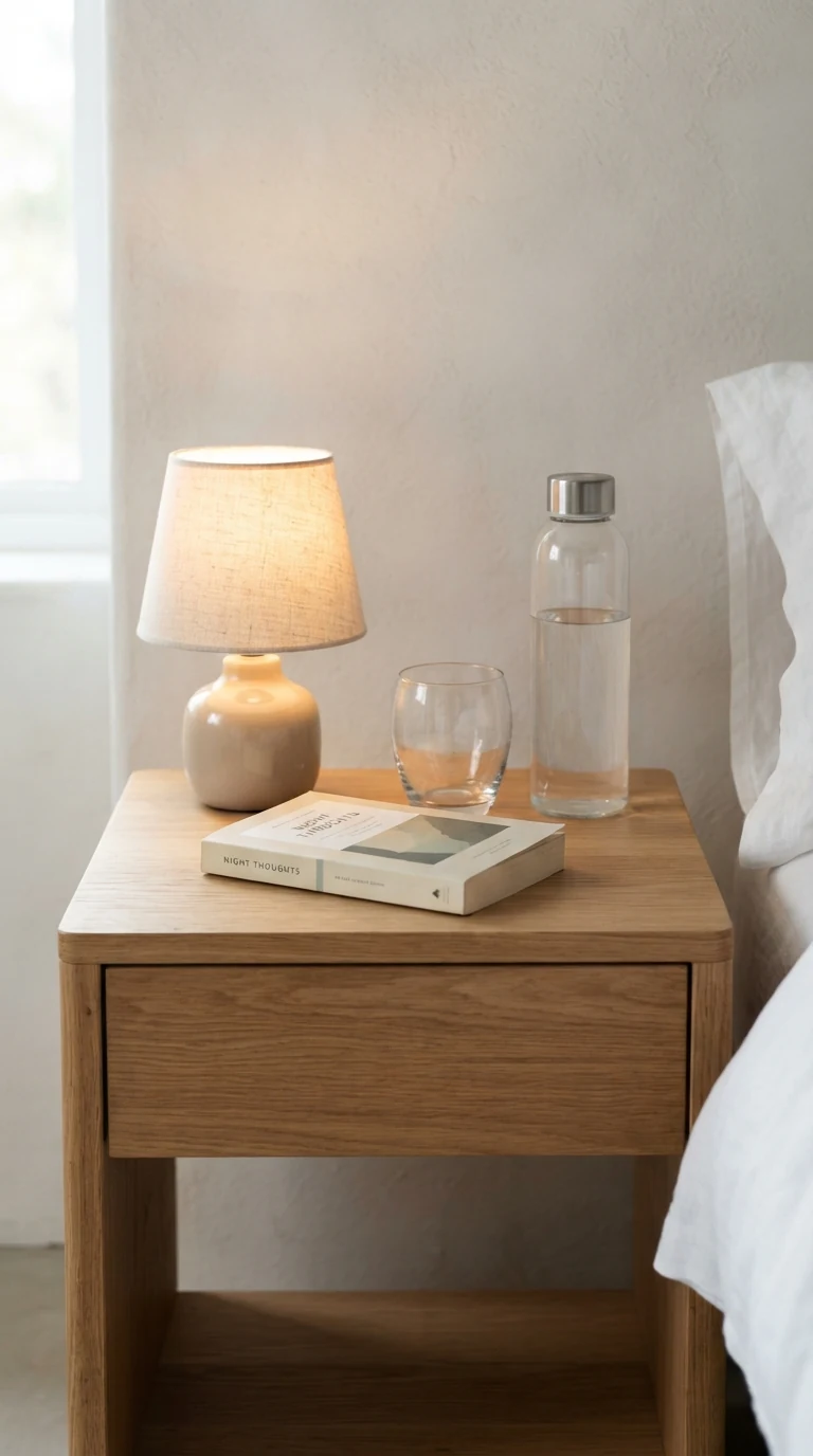 small wooden nightstand styled with exactly three items lamp water glass and book