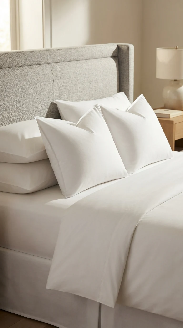 symmetrical upright pillow stack with center karate-chop crease leaning on headboard
